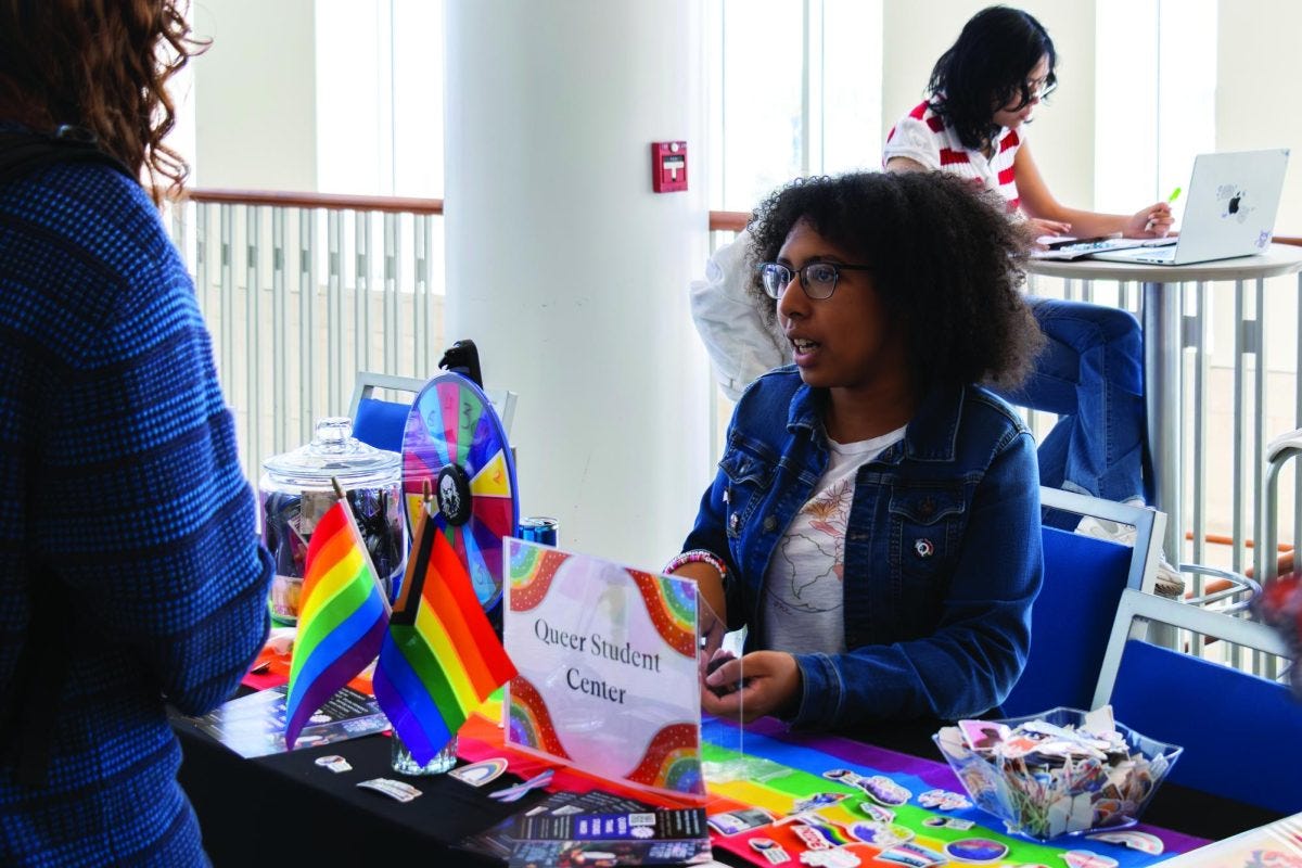 Queer Student Center tables at a resource fair co-hosted by the Q and Immigrant Student Programs on April 23. Saffron Matzker for The Mass Media