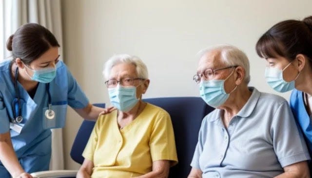 Infectious Diseases and Pandemics. Healthcare workers and elderly individuals in masks are seen in a medical setting during an infectious disease outbreak.