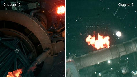Comparison between Cloud's vision in chapter 3 and the actual event in chapter 12.