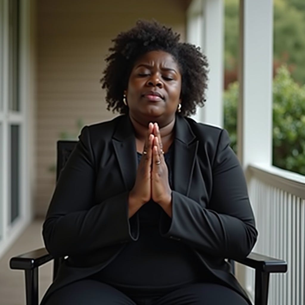 Provide me a realistic image of an African American woman with black outfit on sitting  on chair on the porch, in solid clothing, praying with eyes closed 8K Resolution