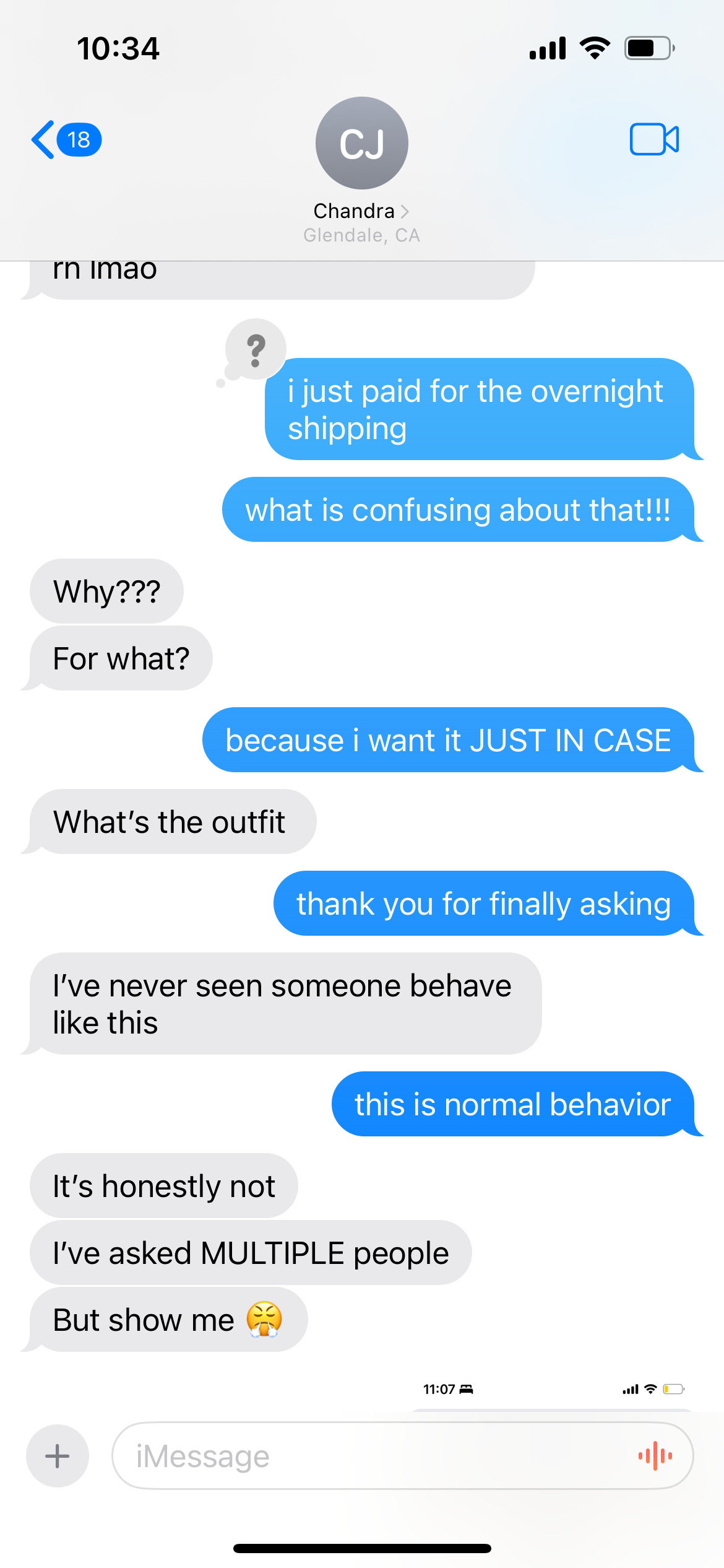 A text message with my friend Chandra about overnighting a romper. Yes, a romper.