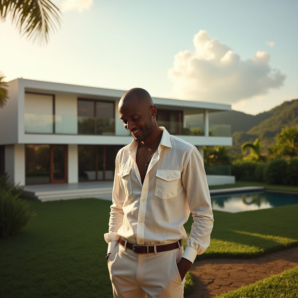 Jamaica's lush hillsides as the backdrop, a sophisticated property investor, dressed in a crisp linen shirt and tailored pants, stands proudly in front of a stunning newly finished home, with a warm smile and an air of satisfaction. The atmosphere is serene, with a few puffy white clouds drifting lazily across the sky. The investor's eyes are cast downward, admiring the sleek modern architecture, as the warm sunlight casts a golden glow on the property's sleek lines and curves.