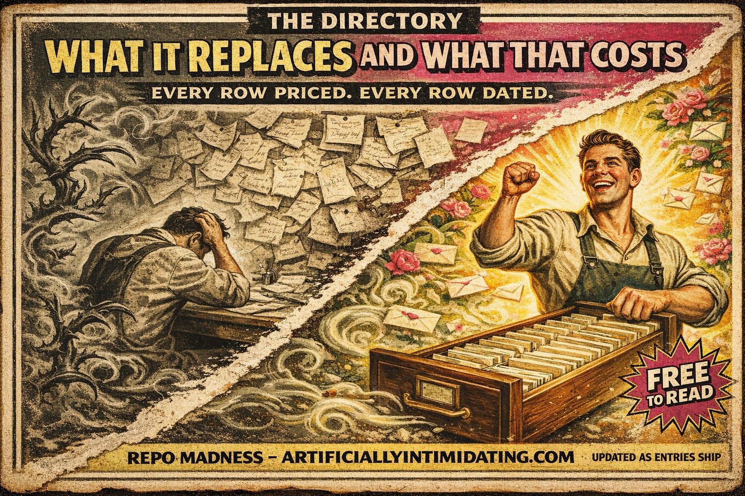 A painted 1930s-style poster split by a burning diagonal. Left: a worker face-down at a desk before a wall of blank pinned invoice slips. Right: the same man grinning over an open wooden card-index drawer of filed cards. Nameplate reads THE DIRECTORY.