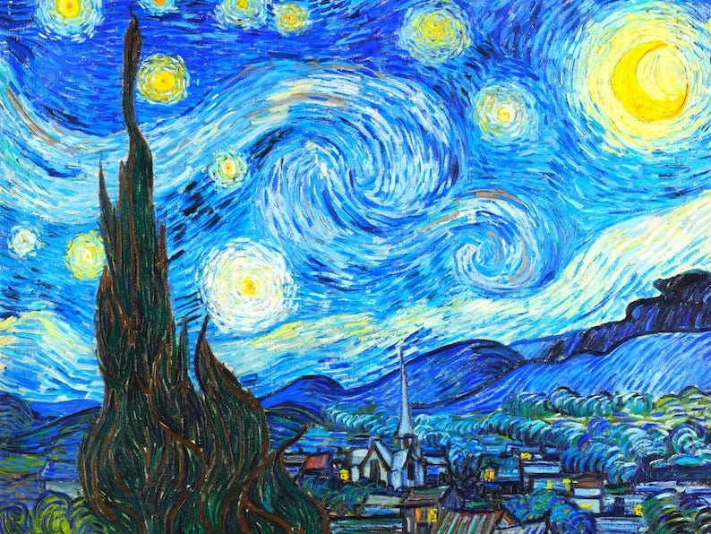 May include: A painting of a starry night sky with a crescent moon and a village in the foreground. The sky is a deep blue with swirling clouds and bright yellow stars. The village is made up of small houses with a church steeple in the center.