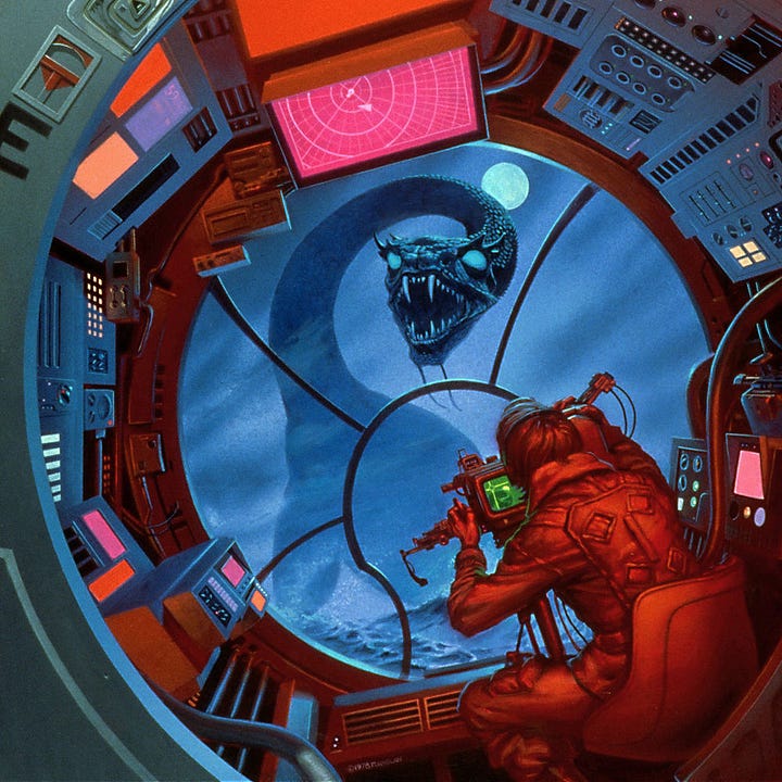 LEFT: Detail from FOUR DAY PLANET with the immediate foreground saturated in red as a low flying craft approaches a sea serpent. The angles of the composition and the POV from behind the pilot add a sense of action and danger. Through the round viewport segmented similarly to the view out of the Millennium Falcon in Star Wars, we’re drawn into the moment as the serpent’s neck curls with mouth open baring fangs. The ovals of its eyes are milky like the full orb of the moon rising behind it. The pilot is seated in a swivel chair and grips the controls of a targeting display.   RIGHT: Figure detail from FOUR DAY PLANET featuring a view of the pilot in a swivel hair from behind. He’s saturated in red light with the monitor of the targeting controls contrasting in a digital green. Out the viewport, rough seas are rendered in a cool blue.