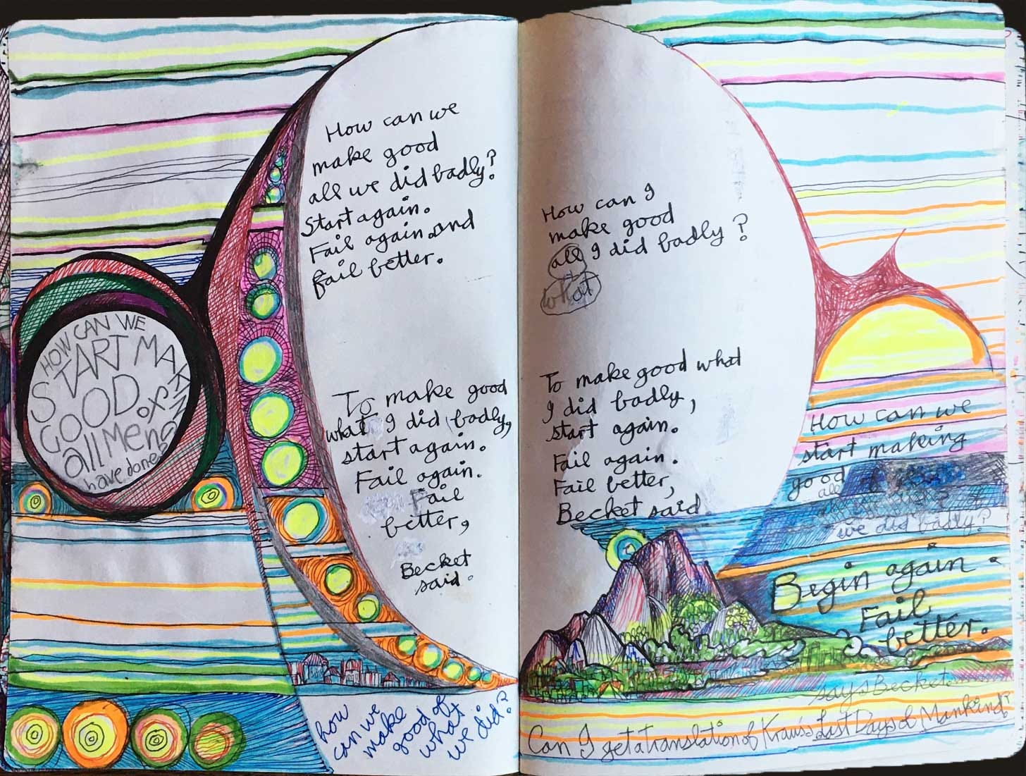 A colour page of illustration and hand-written text, including a mountain and a circular bubble containing the words 'How can we start making good of all men have done?' A colour page of illustration and hand-written text, including a mountain and a circular bubble containing the words 'How can we start making good of all men have done?'