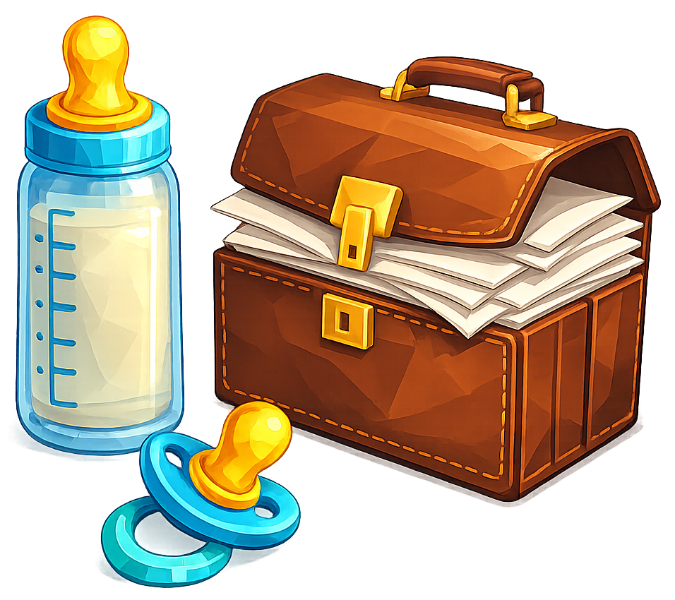 pacifier, baby bottle, and overflowing brief case
