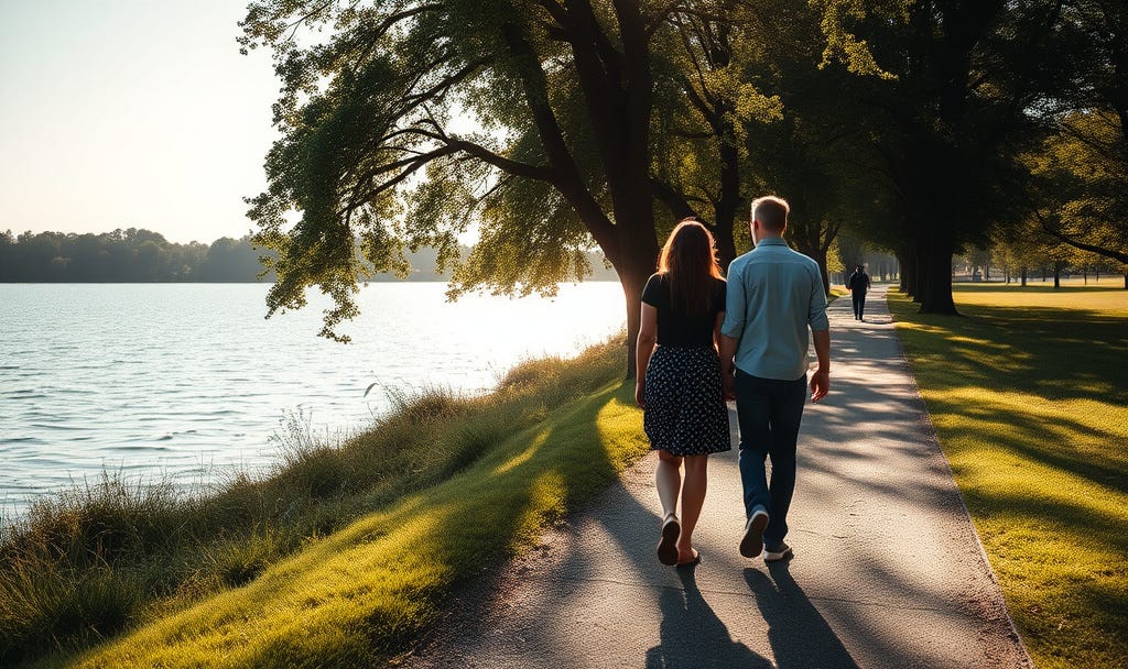 A man and woman walking together along a sun-drenched lakeside path under large trees, representing the power of presence and the wordless tie of legacy and finding meaning without words A man and woman walking together along a sun-drenched lakeside path under large trees, representing the power of presence and the wordless tie of legacy and finding meaning without words