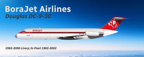 A selection of aircraft formerly operated by BoraJet Airlines: 1) Douglas DC-9, 2) McDonnell Douglas MD-82/83/88, McDonnell Douglas MD-87, 4) Boeing 717-200, and 5) Boeing 737-700 - all shown in side view.