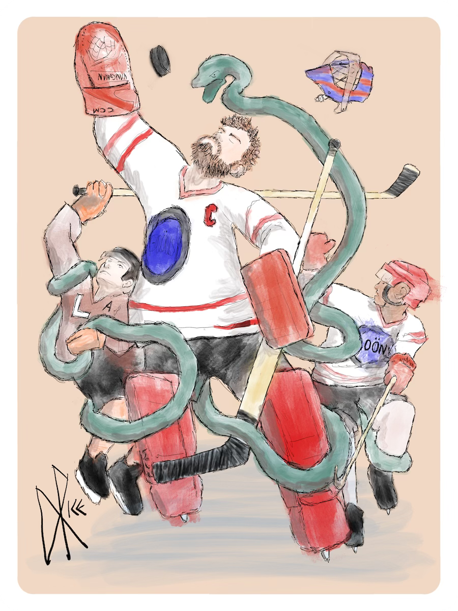Three hockey players posed similarly to the mythological figures of Laocoőn and his two sons being attacked by serpents. Sketch art by Don Rice.