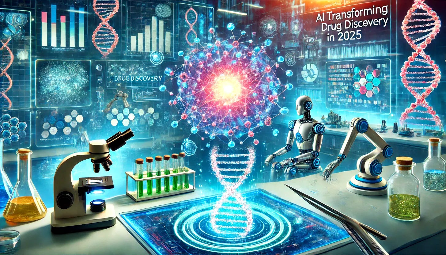 A visually engaging horizontal illustration for an article about AI transforming biotech and drug discovery in 2025. The image should depict a futuristic lab setting with a blend of AI and biotechnology themes. Include a glowing neural network overlaying a DNA helix, surrounded by robotic arms analyzing samples and futuristic data screens displaying molecular structures. The overall tone should be innovative and cutting-edge, with vibrant blues and greens to highlight technology and biotech elements.
