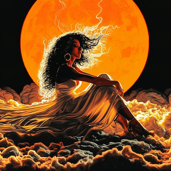 A dark-skinned woman with long flowing silk-textured hair on soft ground, a large glowing sun forms a circular backdrop. The woman wears a flowing white silk dress
