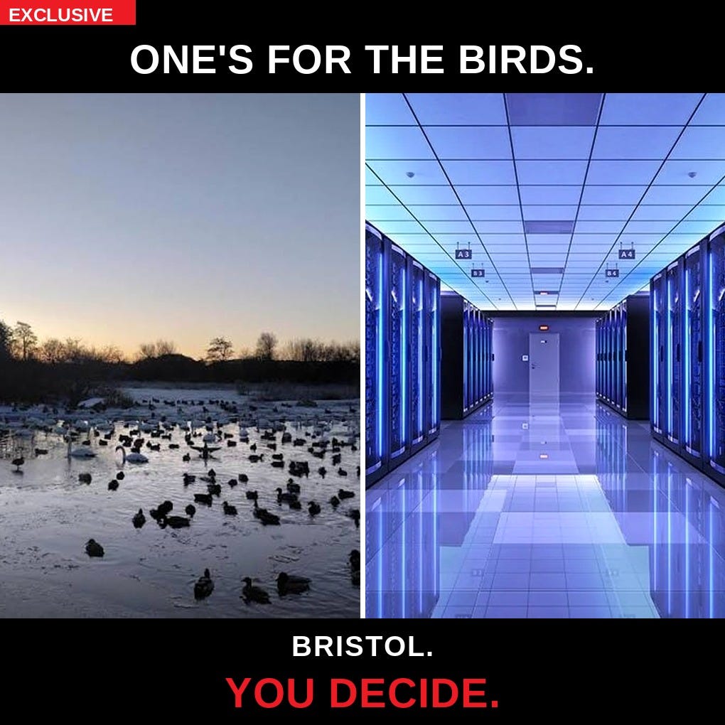 Bristol's Avonmouth Data Centre, and your "F-me, Doris!" moment for today. Exclusive Bristol accountability investigation from The Almighty Gob, thealmightygob.com — comparing the proposed Avonmouth AI data centre with the protected Severn Estuary wetland. Bristol's Avonmouth Data Centre, and your "F-me, Doris!" moment for today. Exclusive Bristol accountability investigation from The Almighty Gob, thealmightygob.com — comparing the proposed Avonmouth AI data centre with the protected Severn Estuary wetland.