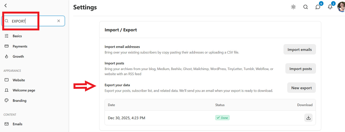 Screenshot of exporting email addresses from substack dashboard Screenshot of exporting email addresses from substack dashboard
