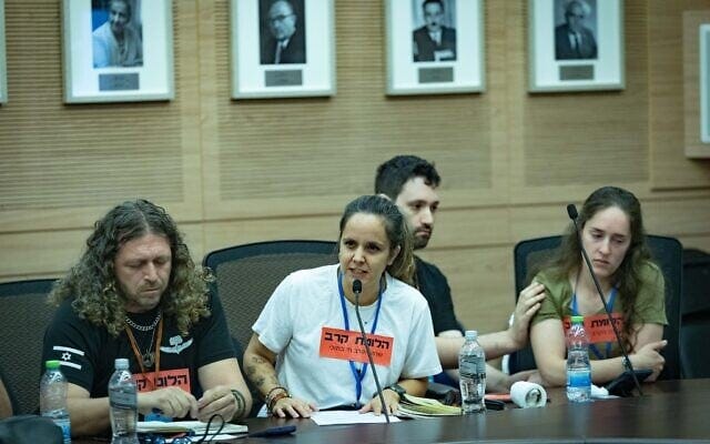 Female combat soldiers speak about PTSD during a Foreign Affairs and Defense Committee meeting at the Knesset in Jerusalem, November 10, 2025 (Yonatan Sindel/Flash90)