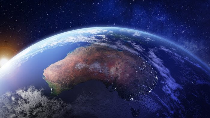Australia from space at night with city lights of Sydney, Melbourne and Brisbane, view of Oceania, Australian desert, communication technology, 3d render of planet Earth, elements from NASA