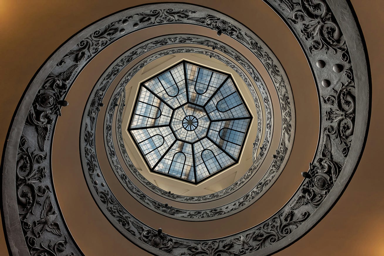 A spiraling ceiling to a hexagon A spiraling ceiling to a hexagon
