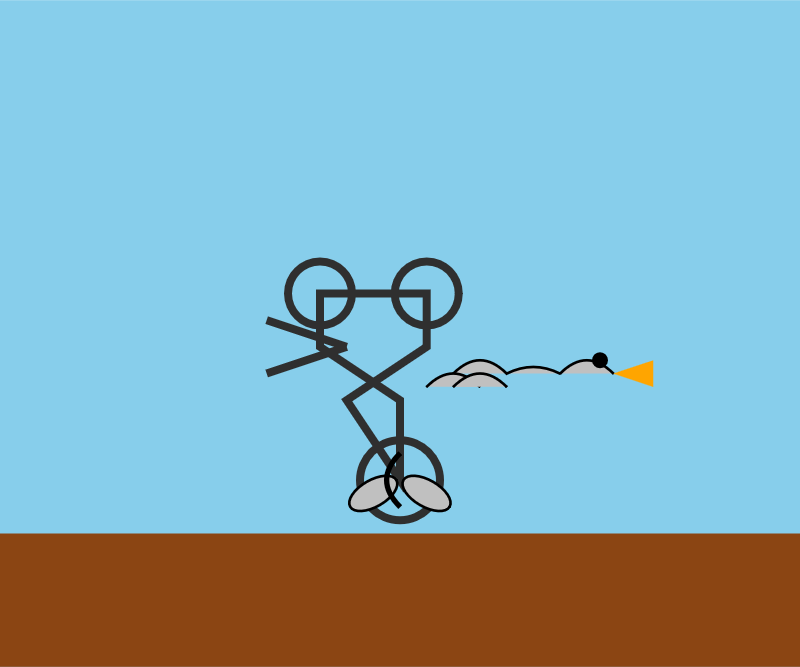 The bicycle is upside down and mangled and the pelican is a series of grey curves with a triangular beak.