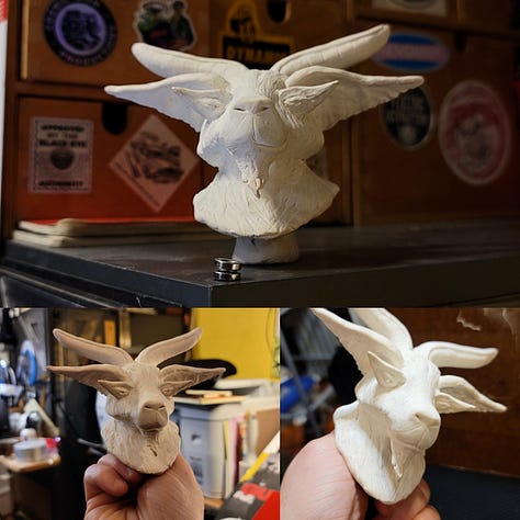 A photo set of WIP for a modeling bust of a fantasy fay, goat soldier character I have to draw a lot. Made to make doing that much easier and quicker.