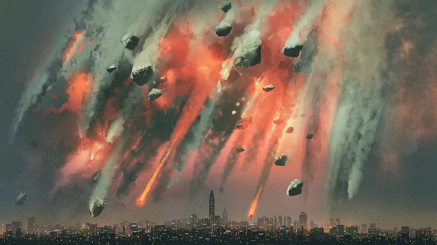 Asteroids hitting city.