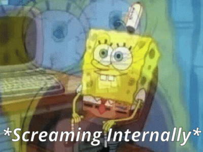 spongebob squarepants is sitting in front of a computer and screaming internally .