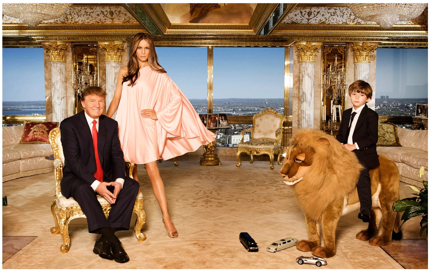 Donald Trump, Melania Trump, and young Barron Trump posing in their gold-plated Trump Tower penthouse apartment in New York City. Donald Trump, Melania Trump, and young Barron Trump posing in their gold-plated Trump Tower penthouse apartment in New York City.