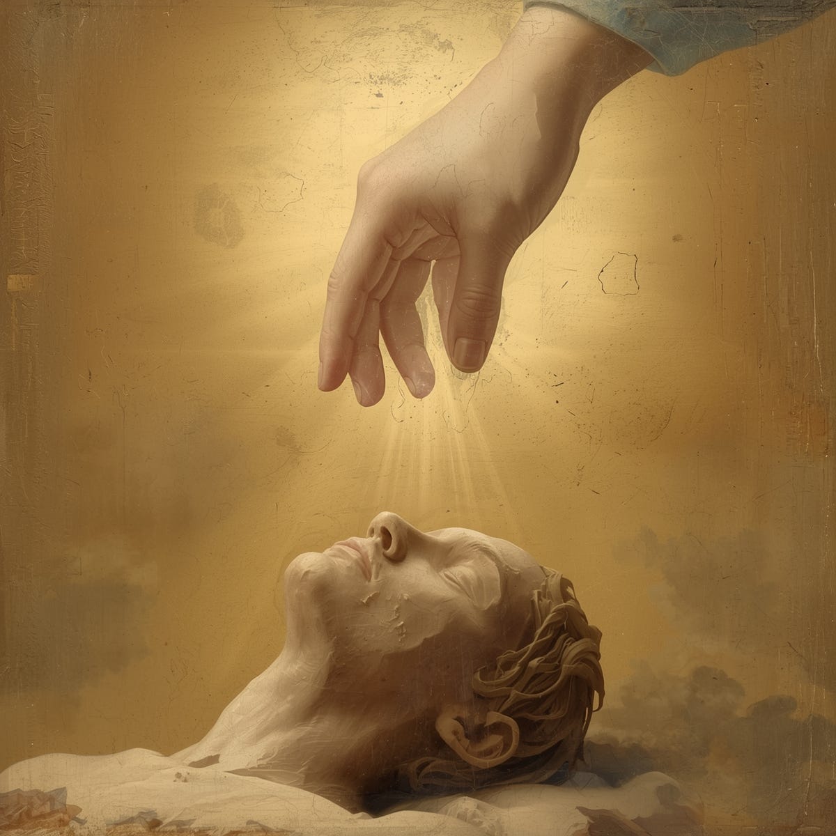 A classical or Renaissance-inspired image featuring a divine hand with slender fingers and a gentle touch, or a beam of soft, ethereal light, reaching downward toward a lump of clay or a partially formed human figure with rough-hewn features, symbolizing the spiritual concept of Logos reaching into Sarx, as the spirit touches and imbues matter with life, set against a warm, golden background with subtle, feathery clouds, and rendered in a style reminiscent of Michelangelo or Leonardo da Vinci, with a warm color palette and soft, delicate textures, conveying a sense of serenity, wonder, and transformation.