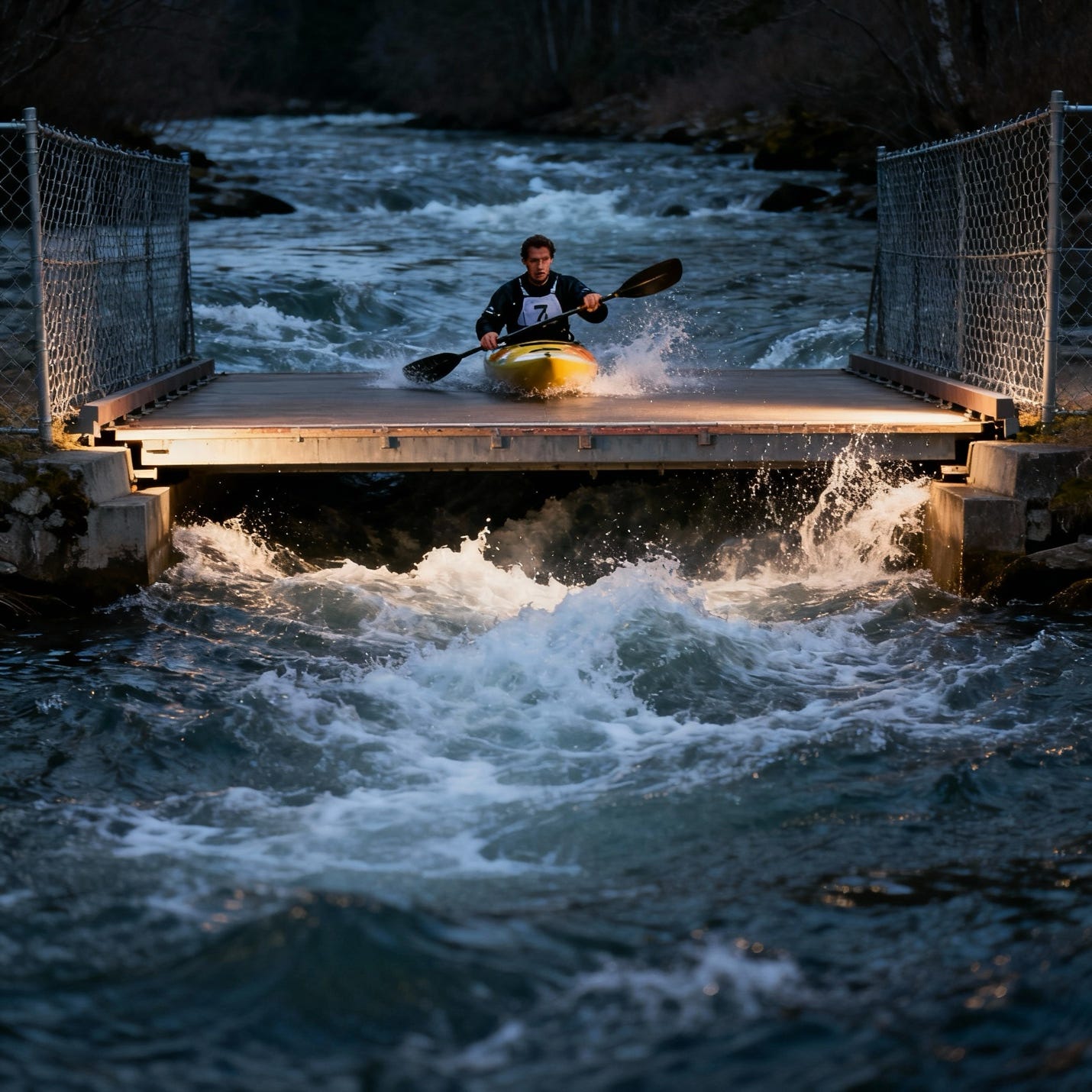 Kayaker, fencing, and river unchanged with bridge now entirely flush to water