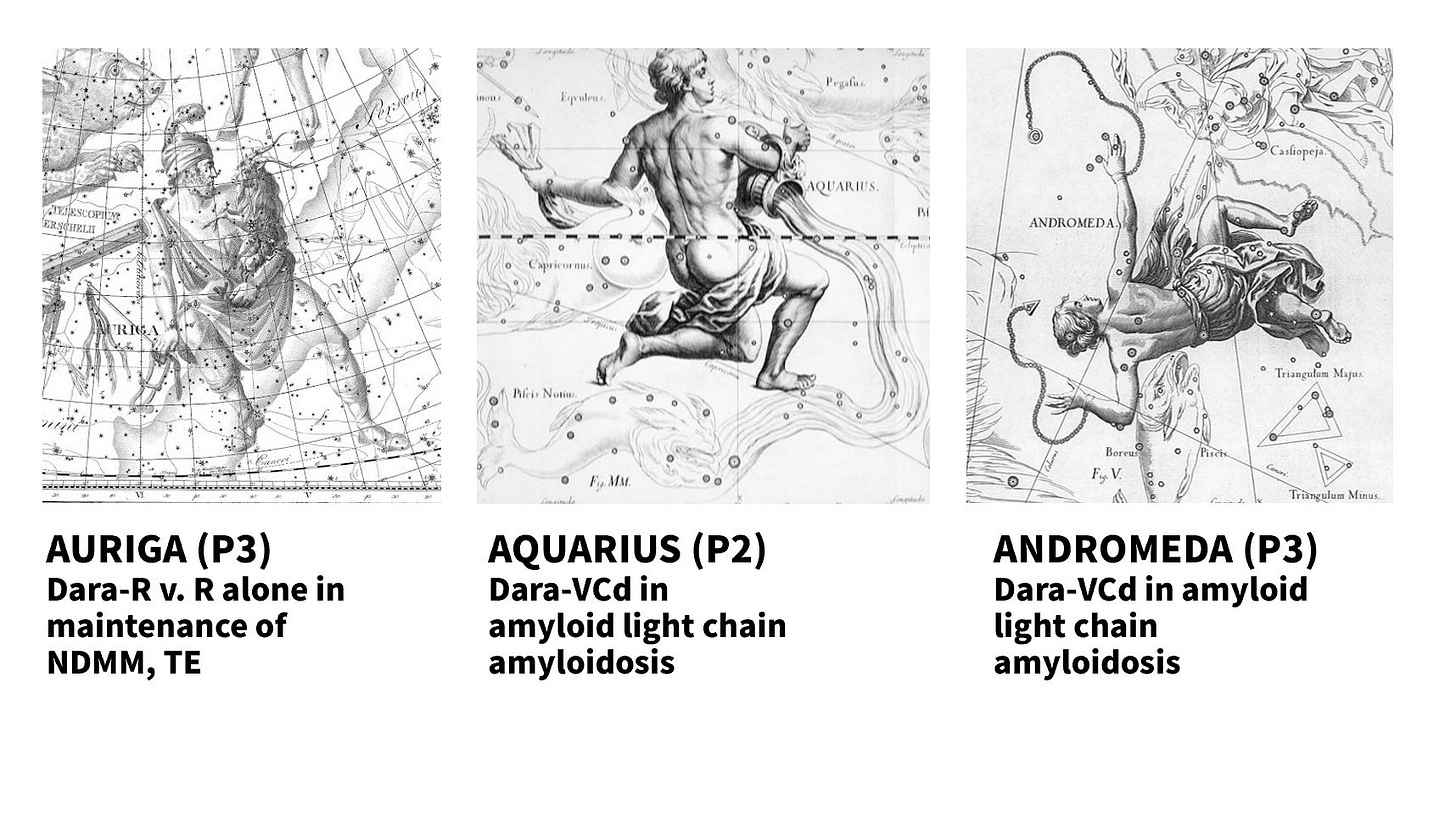 可能是顯示的文字是「 Expatres ரய ETMRELIT าสุปรค Prgafar AQU ARIUS RIMA wrirrnan B .်၃ ANDROMEDA Nhir Netiu 知 mл semde ข Majax AURIGA (P3) Dara-R V. R alone in maintenance of NDMM, TE BercR F.V Riển AQUARIUS (P2) Dara-vcd in amyloid light chain amyloidosis Tringalus Mizur ANDROMEDA (P3) Dara-VCd in amyloid light chain amyloidosis 」的圖形
