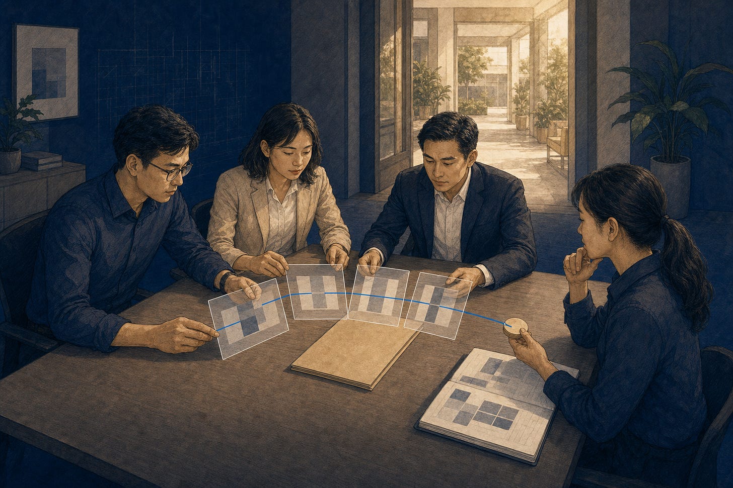 Bốn đồng nghiệp Việt Nam căn chỉnh các khung trong suốt; đường xanh nối hồ sơ và bằng chứng tới người có quyền quyết định. Bốn đồng nghiệp Việt Nam căn chỉnh các khung trong suốt; đường xanh nối hồ sơ và bằng chứng tới người có quyền quyết định.