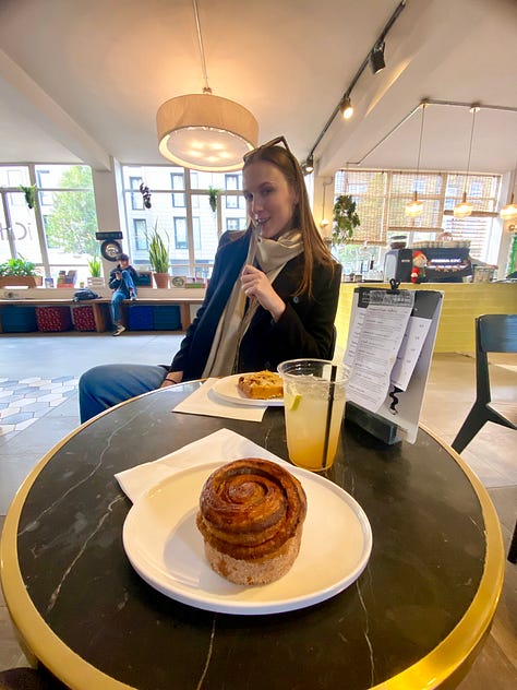 I enjoyed yummy food in London like ice cream cones, cinnamon roles, and good wine.