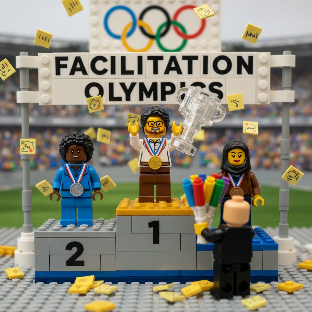 Facilitation Olympics visual by Nano Banana. Foreground: a lego judge presents a bouquet of sharpies, Middle ground: three lego contestants stand on a podium to receive their medals, while it rains postit note confetti. Behind them is a banner reading: facilitation olympics. Background: blurred stadium and the olympic logo. 