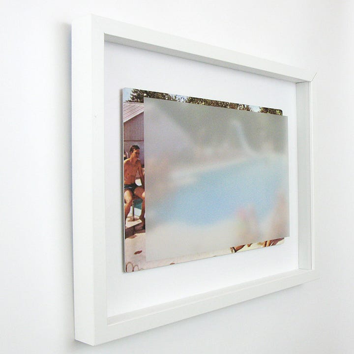 Art piece of a swimming pool scene partially obscured by blurred glass