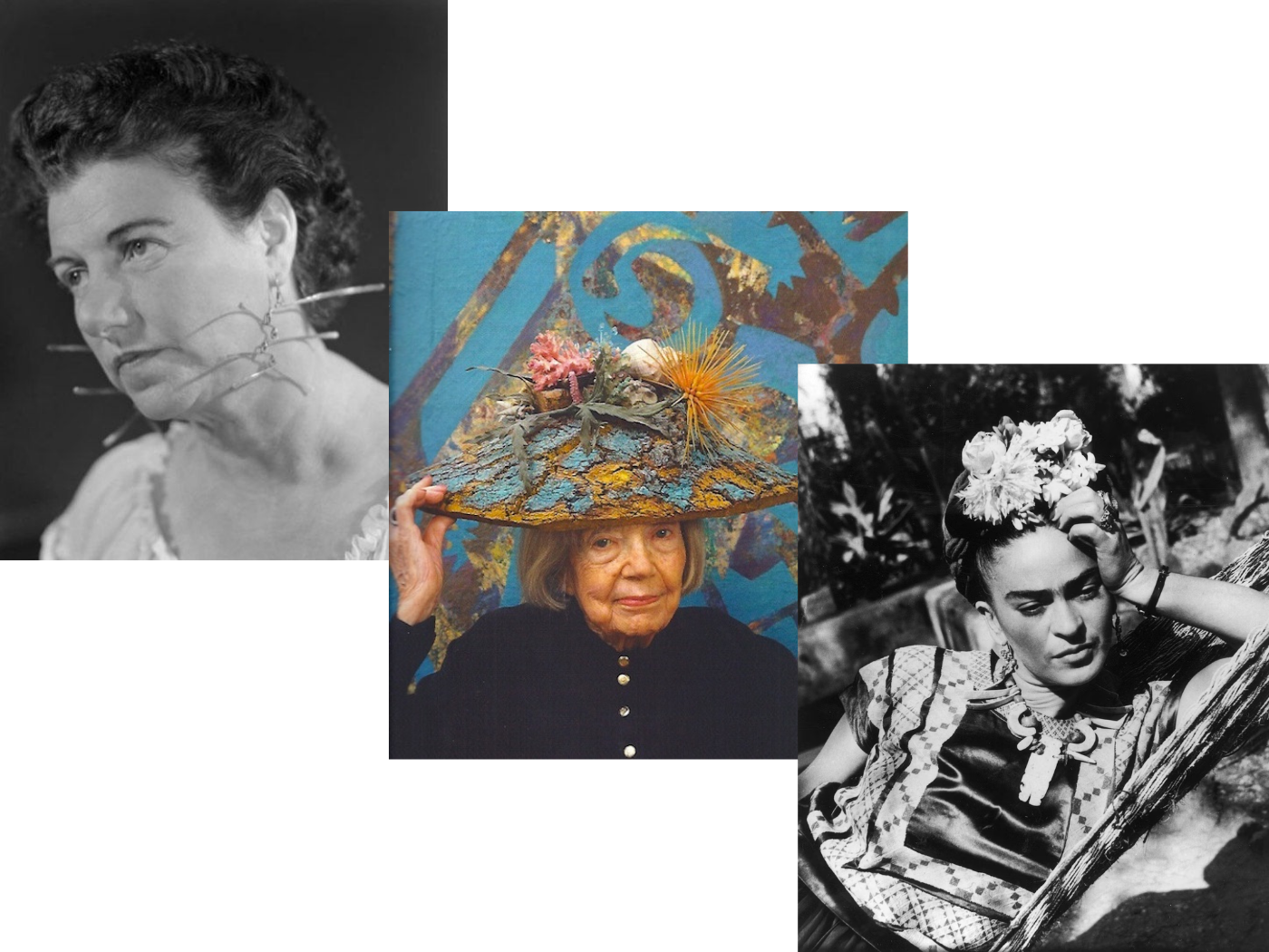 A collage of three historical adornment references: Peggy Guggenheim wearing mismatched artist earrings, Eileen Agar wearing a decorated Surrealist hat, and Frida Kahlo reclining with flowers in her hair. A collage of three historical adornment references: Peggy Guggenheim wearing mismatched artist earrings, Eileen Agar wearing a decorated Surrealist hat, and Frida Kahlo reclining with flowers in her hair.