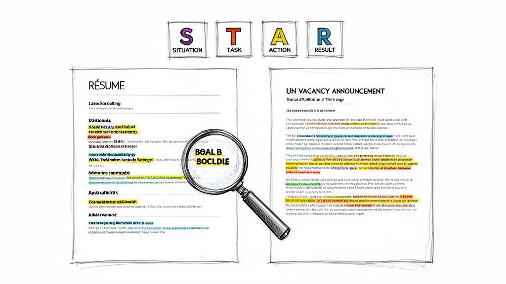 A graphic illustrating the STAR method for job applications, showing a resume, a job announcement, and a magnifying glass.