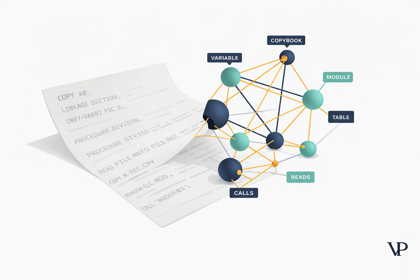 A visual metaphor contrasting a flat text document with a rich interconnected graph structure emerging from legacy code, specific to the COBOL-to-Java migration domain.