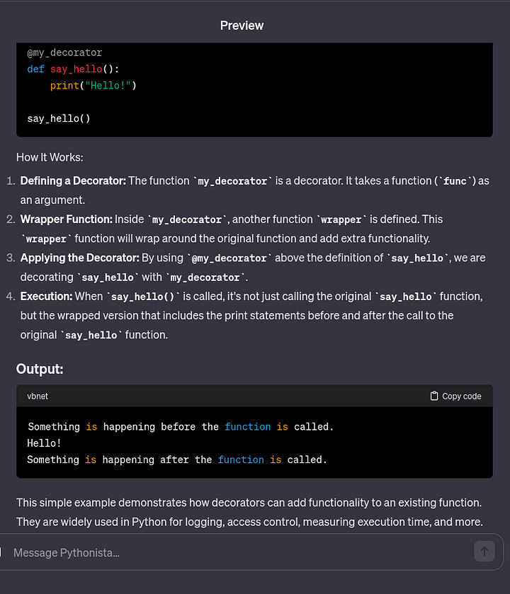 output from the Pythonista GPT show description and example code