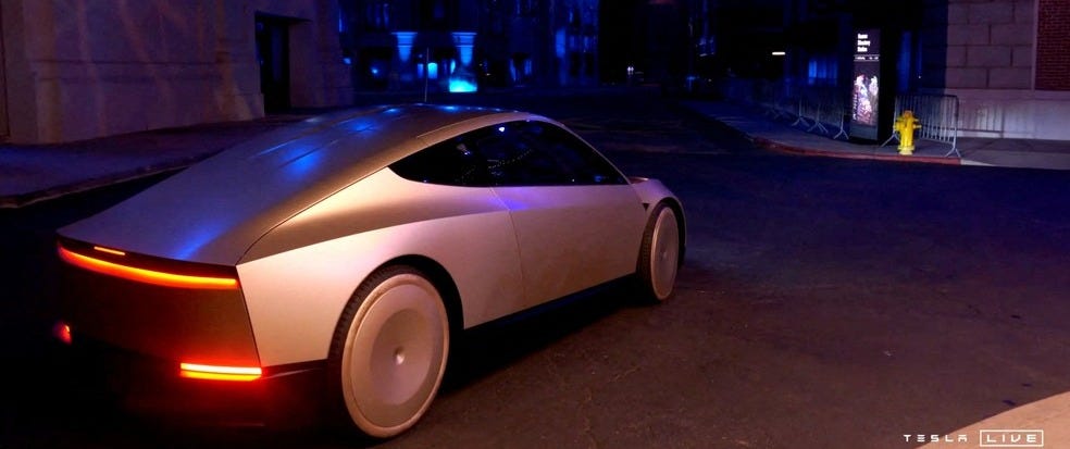 Cybercab é o robotáxi da Tesla, carro sem volantes e pedais, lançado em Los Angeles; imagem foi retirada de vídeo — Foto: Tesla/Divulgação via Reuters