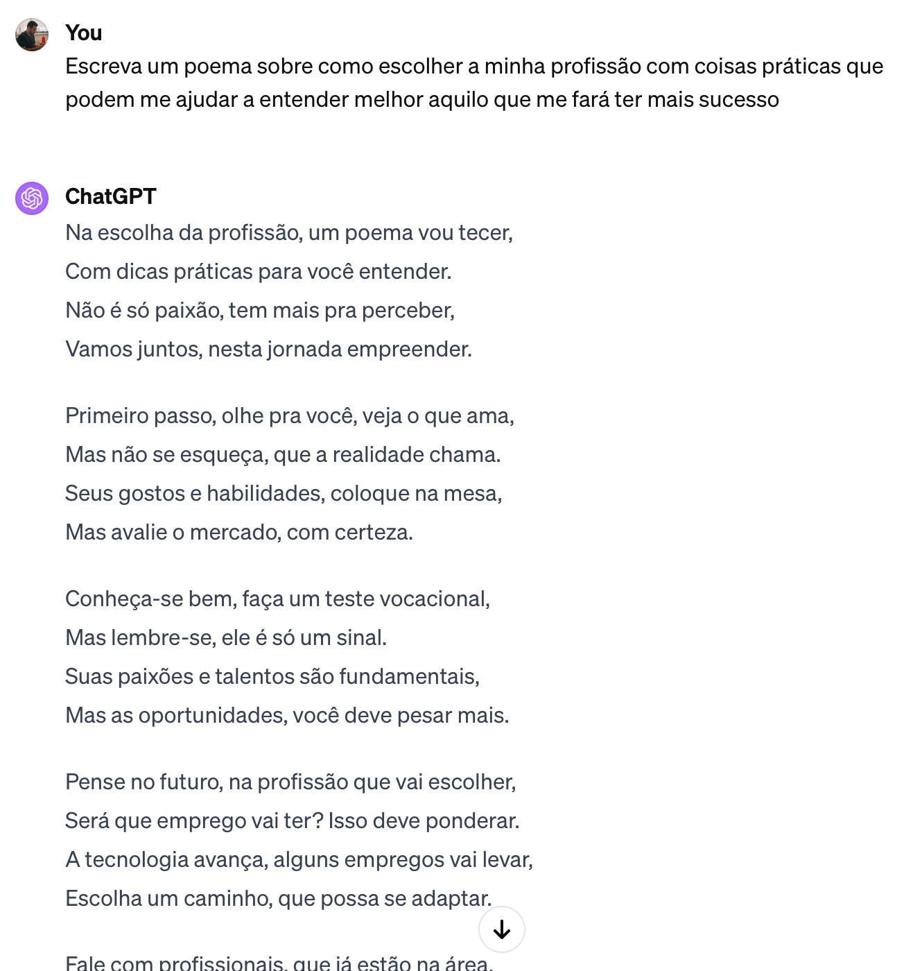 Exemplo de experimentar o ChatGPT responder a pergunta com poema.