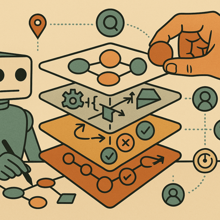 Dall-E image. A hand placing a ball on top of a four layered figured, the robot watches and takes notes.