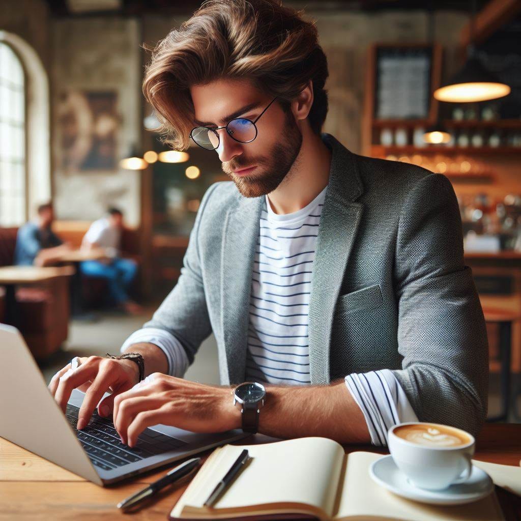 A handsome young male author working diligently on their laptop in a coffeehouse.