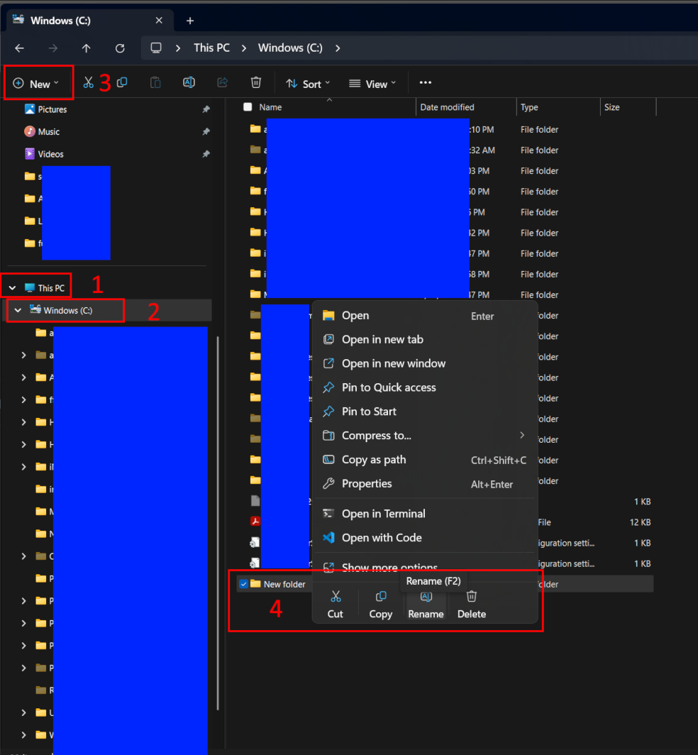 Windows File Explorer open to the C: drive with four numbered steps highlighted in red rectangles. Step 1: "This PC" selected in the left panel. Step 2: "Windows (C:)" drive expanded below it. Step 3: The "New" button in the top toolbar. Step 4: A newly created folder at the bottom with a right-click context menu showing Rename selected. Folder names and some contents are redacted.