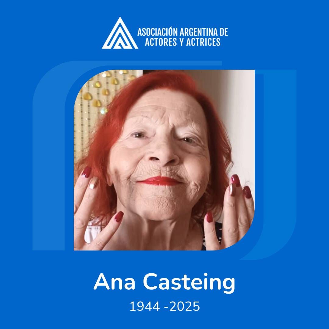 Puede ser una imagen de texto que dice "A ASOCIACIÓN ARGENTINA ASOCIACIÓNARGENTINADE DE ACTORES Y ACTRICES Ana Casteing 1944-2025 1944 -2025" Puede ser una imagen de texto que dice "A ASOCIACIÓN ARGENTINA ASOCIACIÓNARGENTINADE DE ACTORES Y ACTRICES Ana Casteing 1944-2025 1944 -2025"