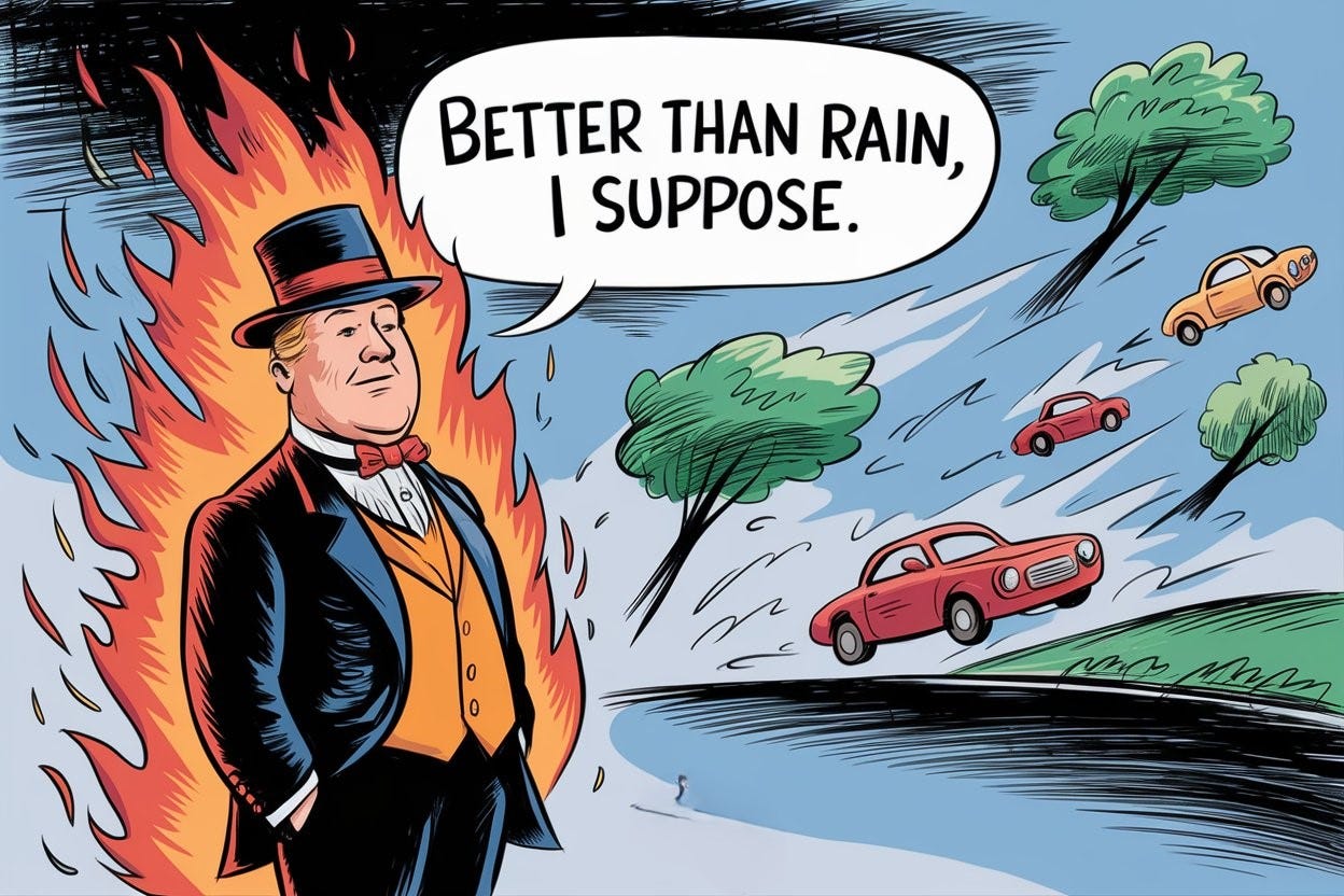 Cartoon illustration. A British gentleman in a fancy suit and hat stands outside. The man is literally on fire, engulfed in flames, but he looks calm and says: "Better than rain, I suppose." In the background, trees and cars are flying through the sky, carried away by strong winds.