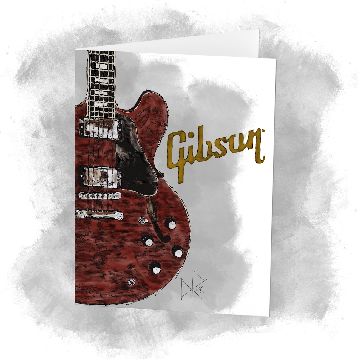 A portion of the neck and half of the body of a walnut finish Gibson ES-335 hollow body semi-acoustic guitar. Sketch art by Don Rice. A portion of the neck and half of the body of a walnut finish Gibson ES-335 hollow body semi-acoustic guitar. Sketch art by Don Rice.