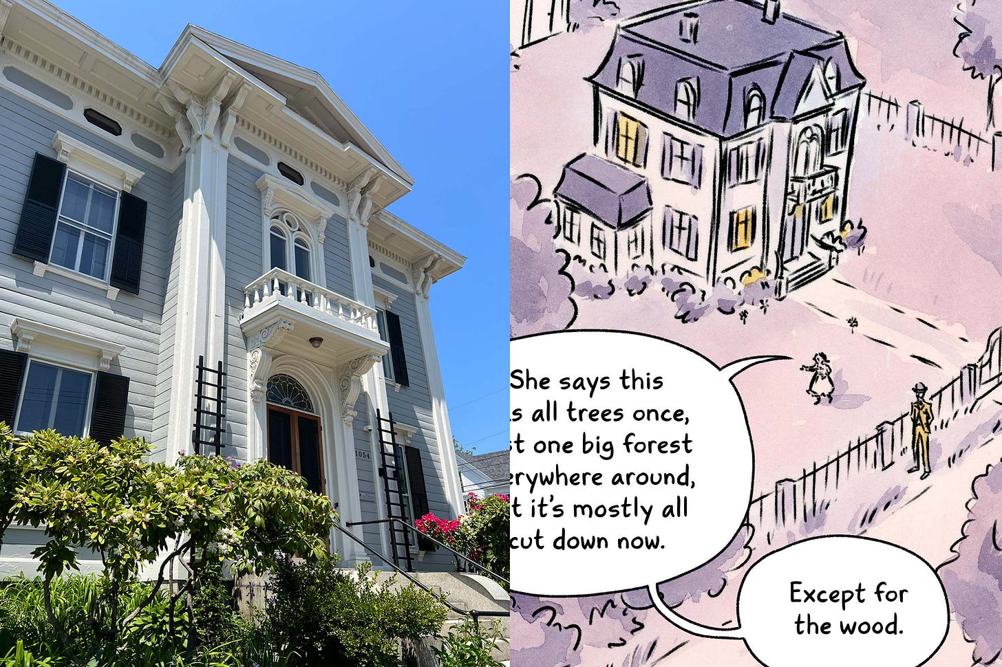 Finalized watercolor drawing with reference image by graphic novelist K. Woodman-Maynard. 