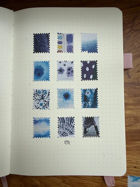 sketchbook with 12 tiny stamp cut images pasted uniformally on the page