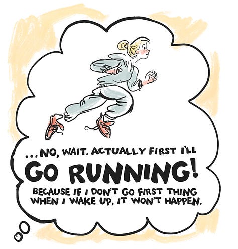 comic showing Claire debating what step comes first in new morning routine. New resolution: be more decisive. 