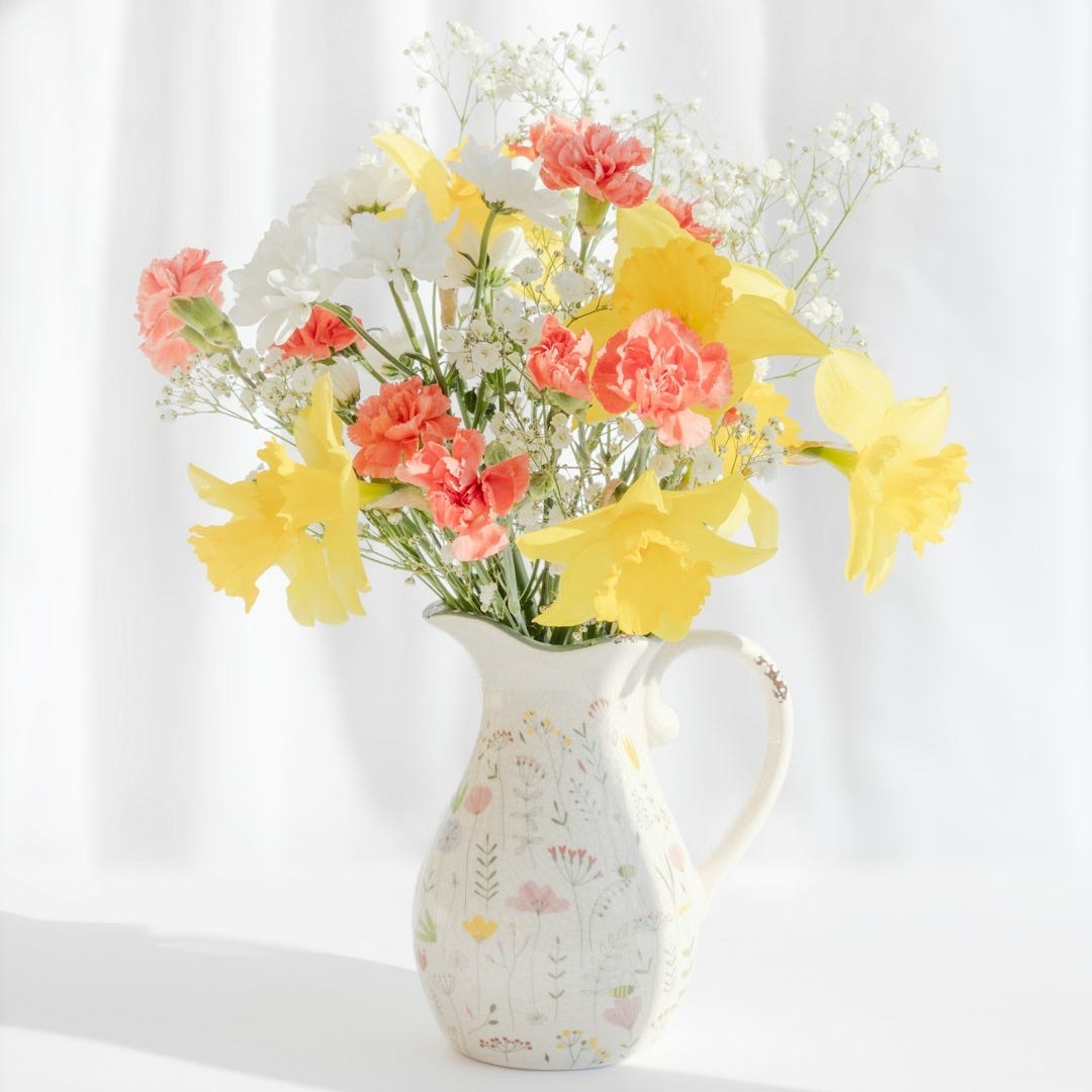 A vase of yellow daffodils and pink carnations