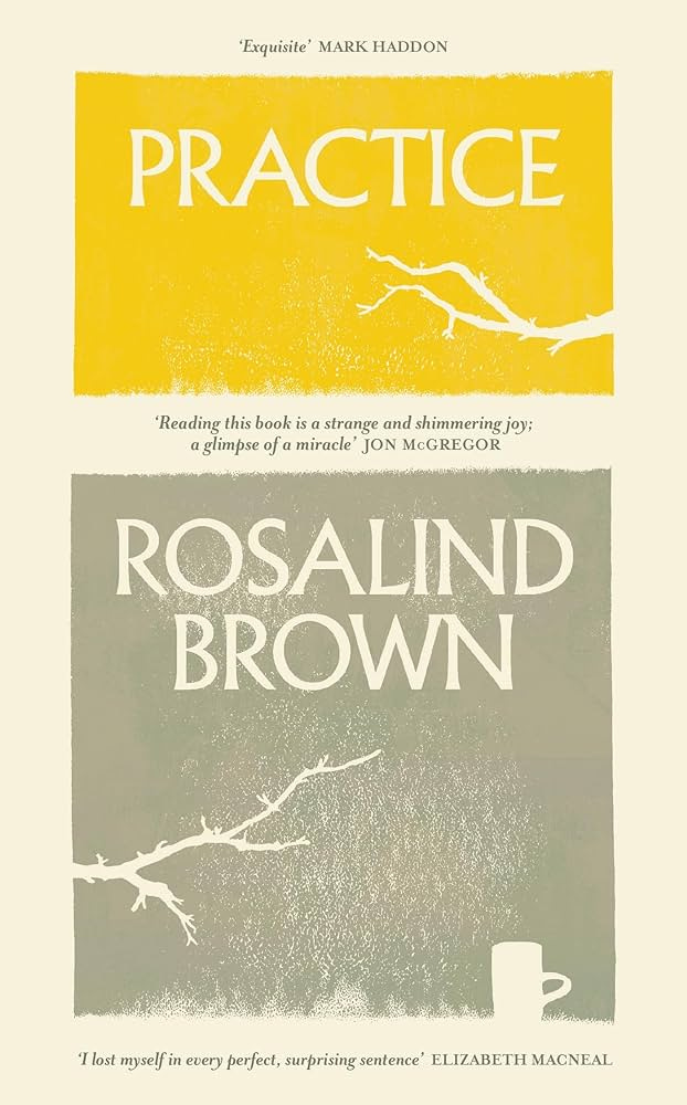 Cover of Practice by Rosalind Brown, with Albertus lettering and the white silhouettes of a tree branch and a cup